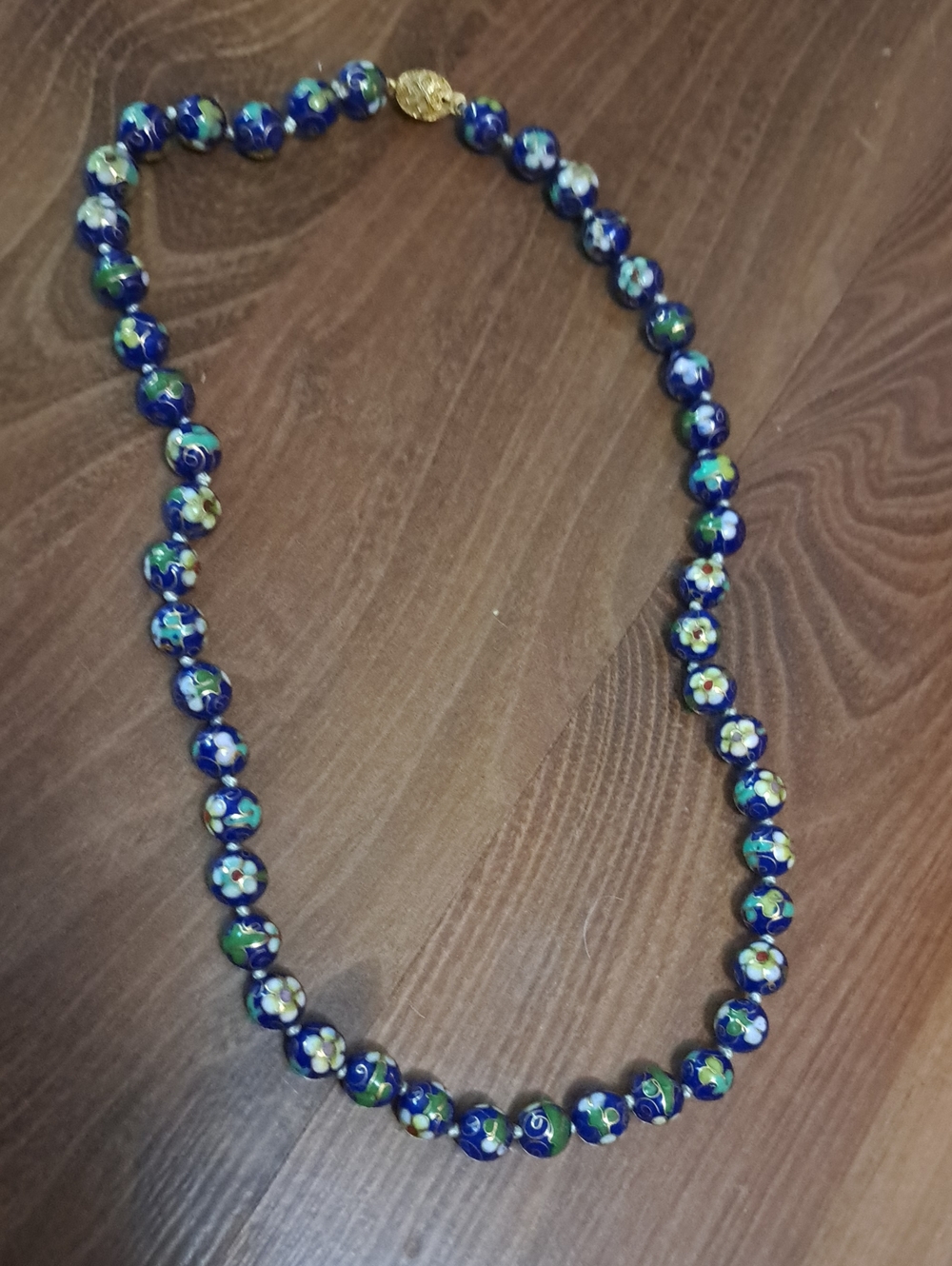 Vintage Asian Blue Floral Cloisonné Bead Necklace - Women's Jewelry